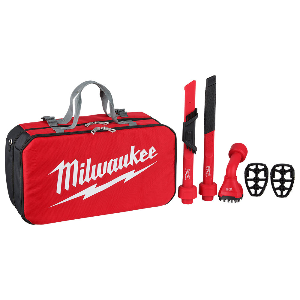 Milwaukee AIR-TIP vacuum tool kit with red carrying bag, two nozzle attachments, brush tool, and two adapter heads.