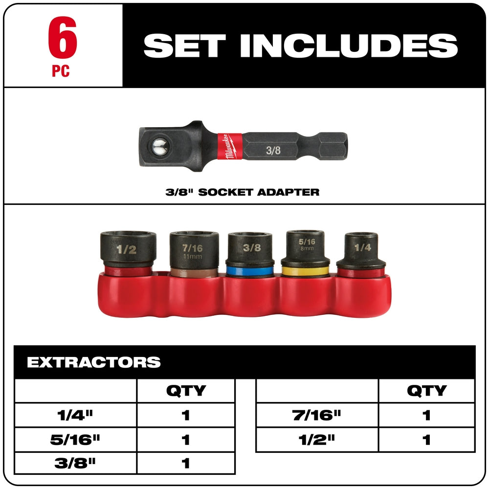 Six-piece impact extractor set with socket adapter and five red extractors in sizes 1/4", 5/16", 3/8", 7/16", and 1/2".