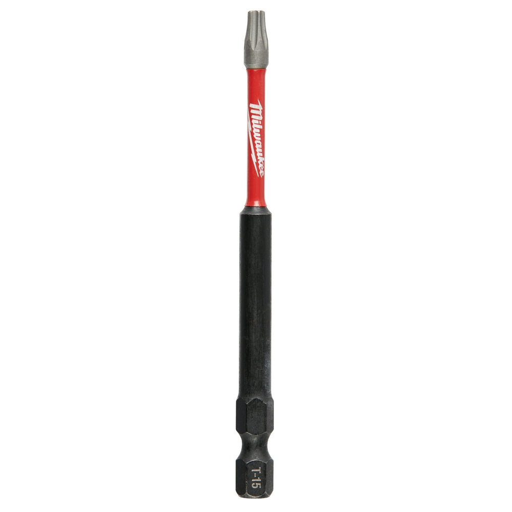 Milwaukee Shockwave T15 impact driver bit with red and black shaft and gray steel tip.