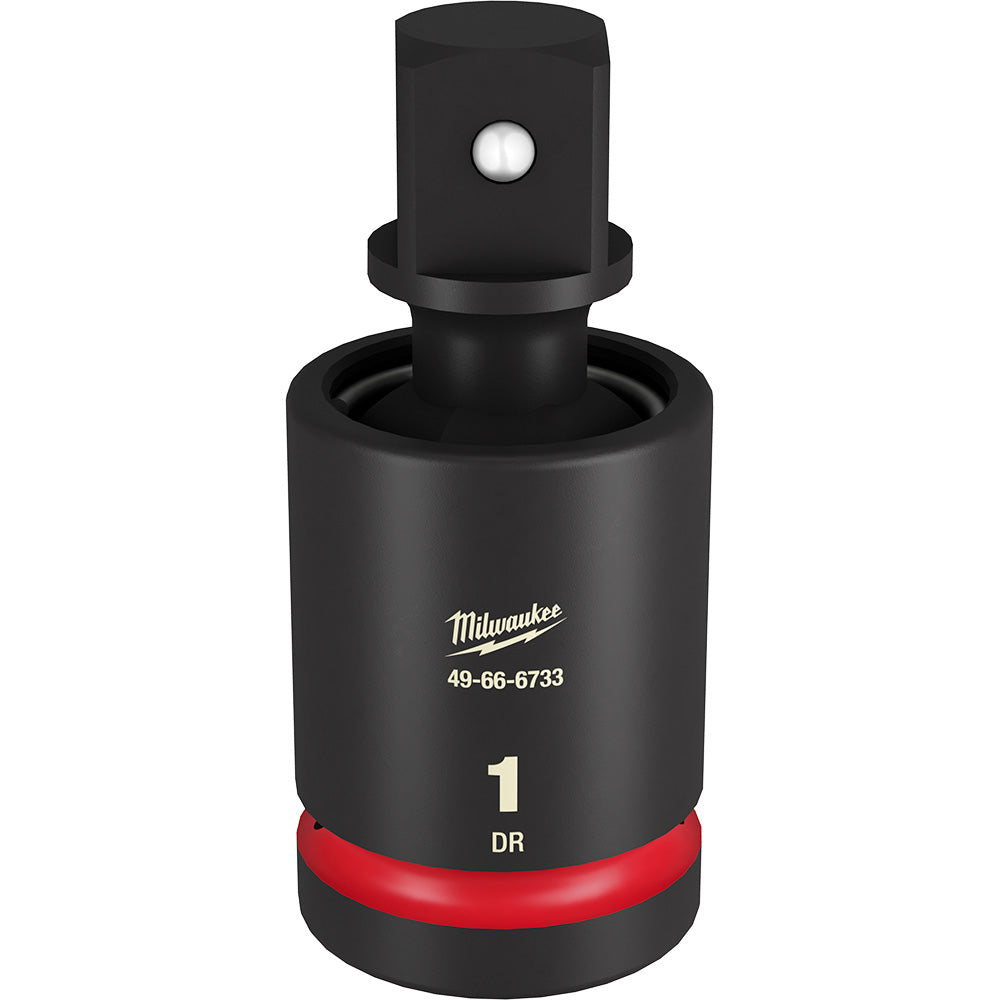 Black Milwaukee 1-inch drive universal joint with red grip band and metal ball connector.