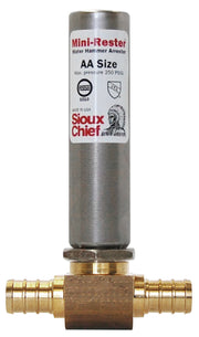 Sioux Chief Mini-Rester water hammer arrestor with cylindrical steel body and brass tee fitting with PEX crimp connections.