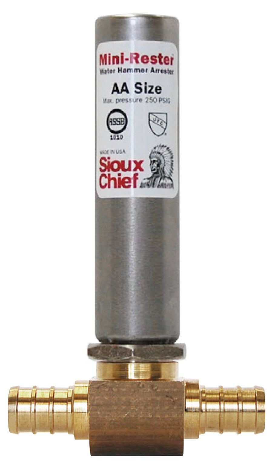 Sioux Chief Mini-Rester water hammer arrestor with cylindrical steel body and brass tee fitting with PEX crimp connections.