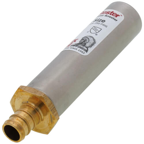 Gray cylindrical water hammer arrestor with brass fitting and white label on gray body.