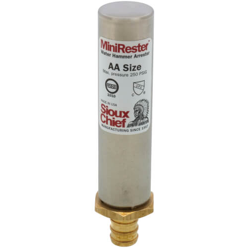 Sioux Chief MiniRester water hammer arrestor with brass fitting and cylindrical tan body.