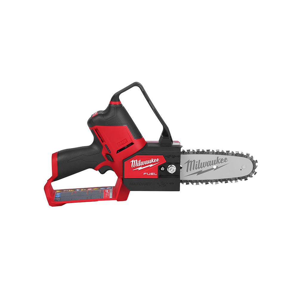 Milwaukee M12 FUEL cordless pruning saw with red and black housing, chain bar, and carry handle.
