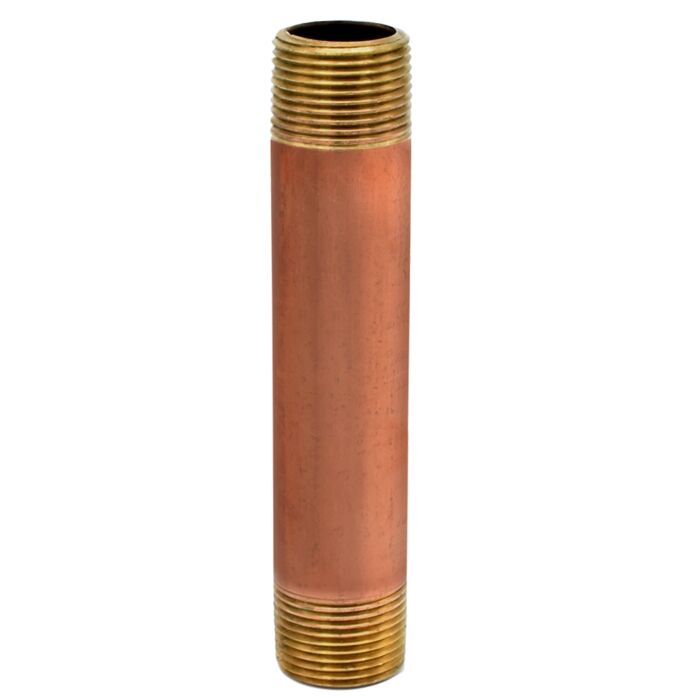 Red brass nipple with threaded brass ends on top and bottom.