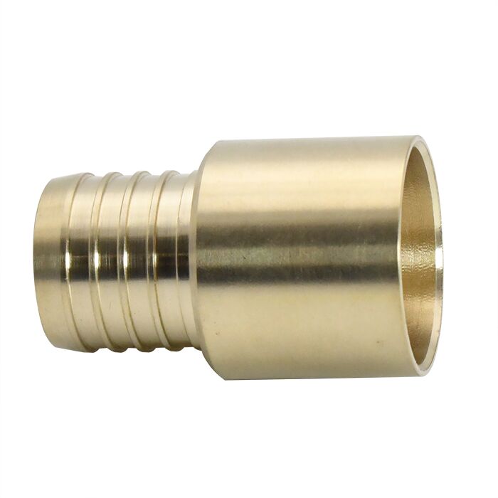 Brass PEX adapter fitting with ribbed connection on left end and smooth cylindrical opening on right end.