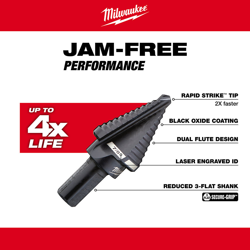 Milwaukee #7 step drill bit with black oxide coating, rapid strike tip, and reduced 3-flat shank, maximum 7/8 inch hole capac