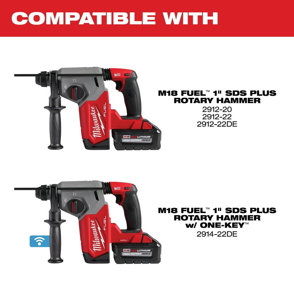 Milwaukee M18 FUEL 1" SDS Plus rotary hammer drill in red and black with battery pack, compatible with multiple hammer models