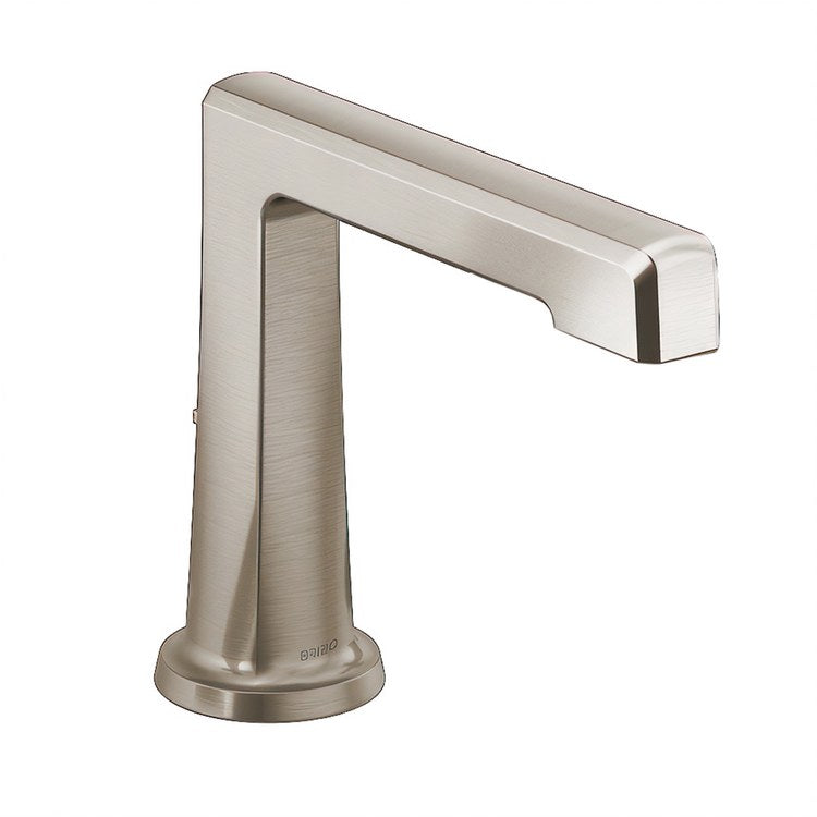 Brushed nickel bathroom faucet with tall tapered base and high curved spout, handle-free design.