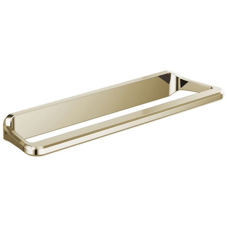 Polished brass towel bar with rounded corners and wall-mounted bracket hardware.