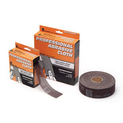 Brown open mesh abrasive cloth roll and two orange and black Mill-Rose branded packaging boxes.