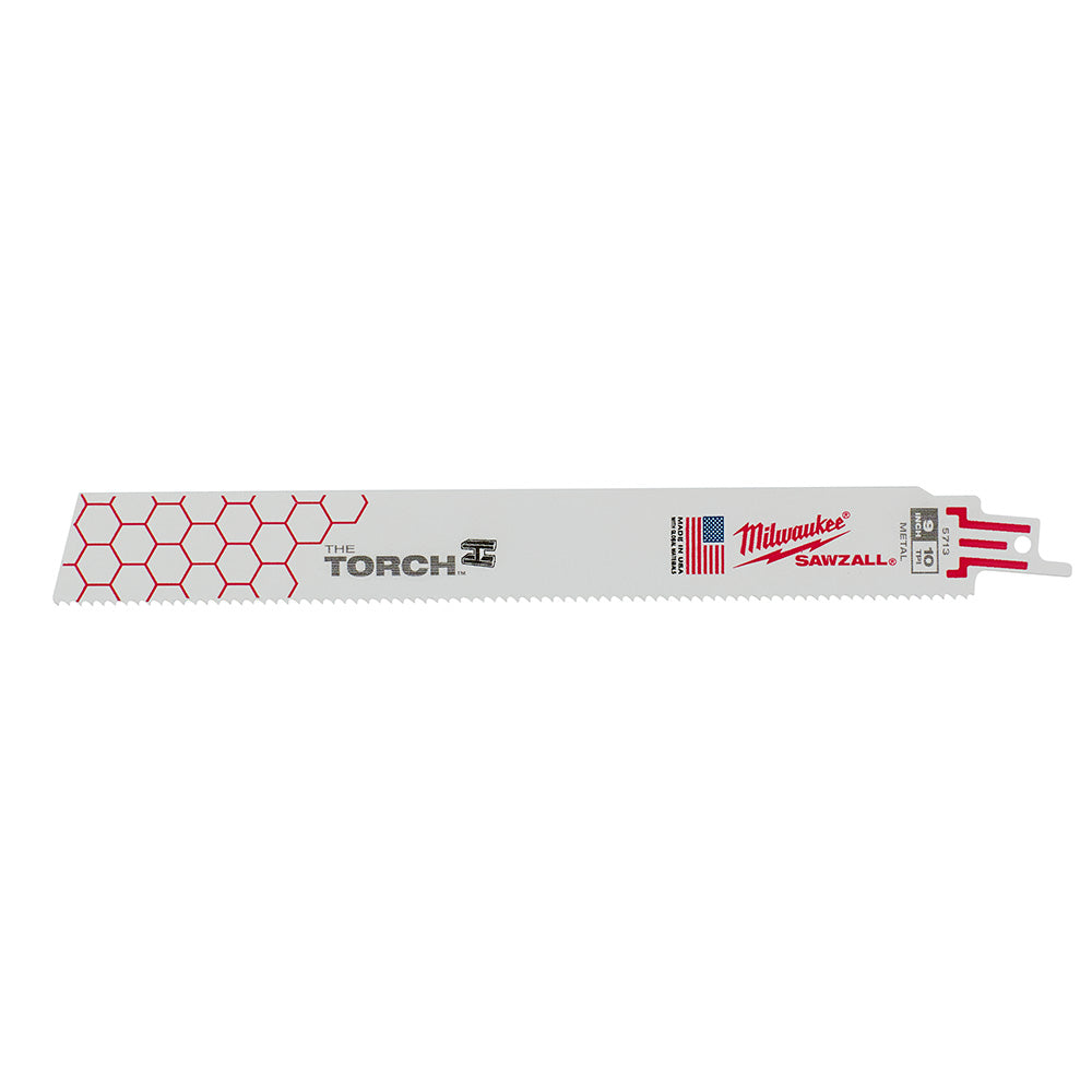 Milwaukee THE TORCH 9 in. reciprocating saw blade with red honeycomb pattern and metal mounting end.