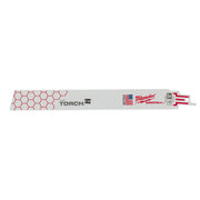Milwaukee THE TORCH 9-inch Sawzall blade with red hexagonal pattern and red mounting end.