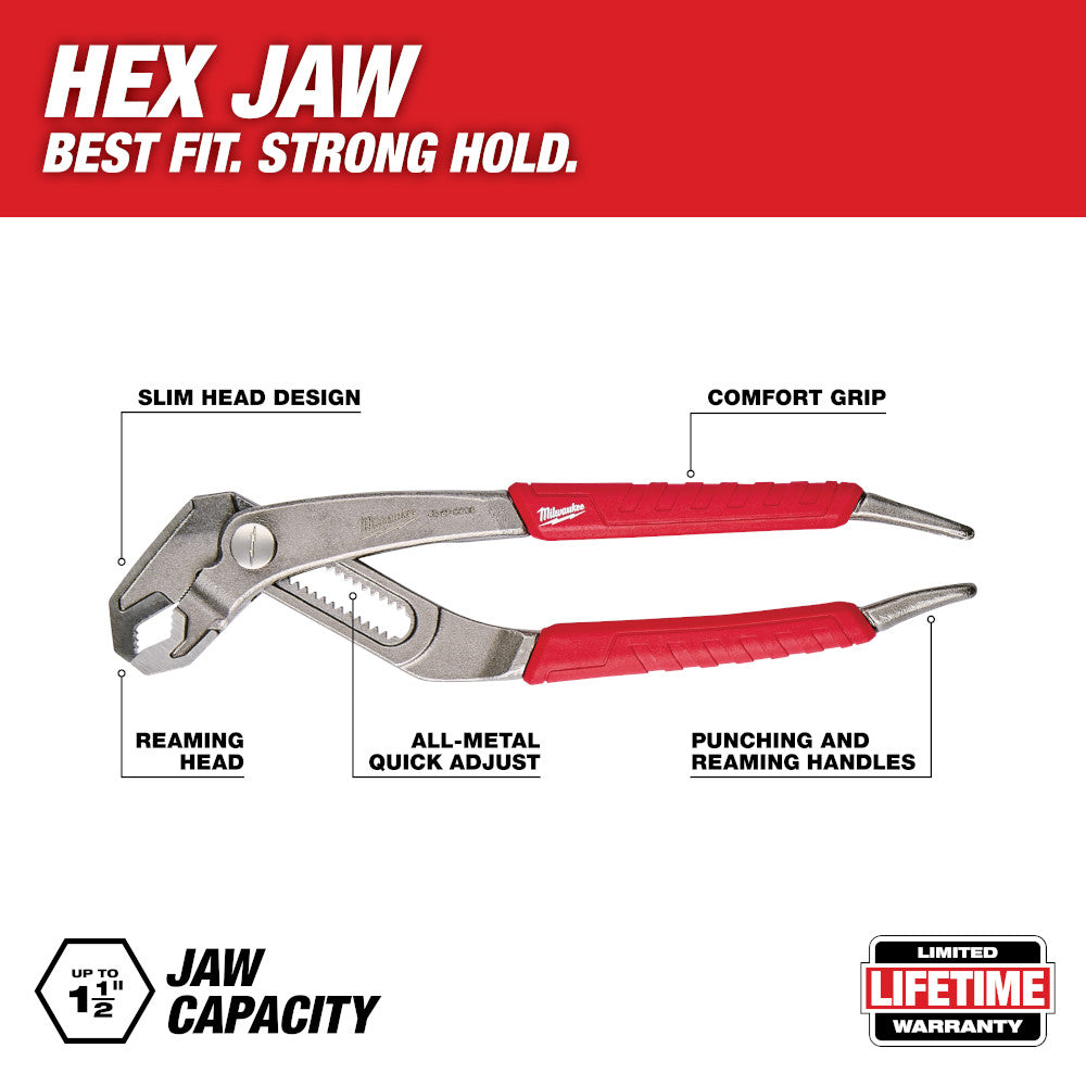 Milwaukee hex-jaw pliers with red comfort grip handles, slim head design, and all-metal quick adjust mechanism.