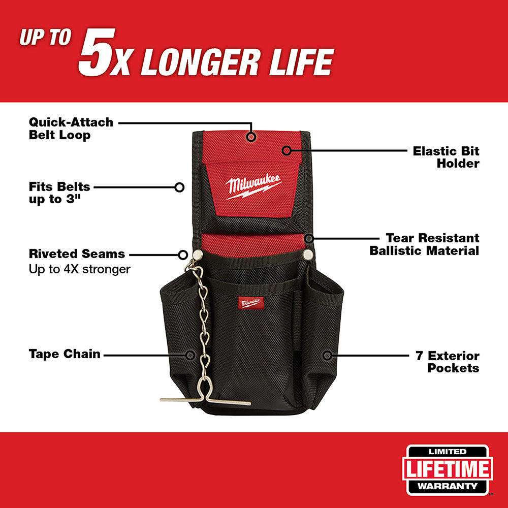 Red and black utility pouch with quick-attach belt loop, elastic bit holder, multiple pockets, and tape chain attachment.