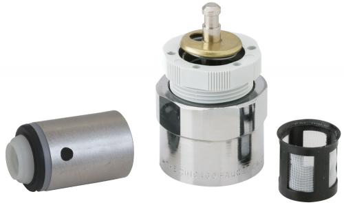 Chrome and white metering cartridge assembly with actuator and strainer basket components for Chicago Faucets MVP faucet.