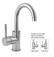 Chrome single-hole bathroom faucet with curved spout, cylindrical body, and side lever handle.