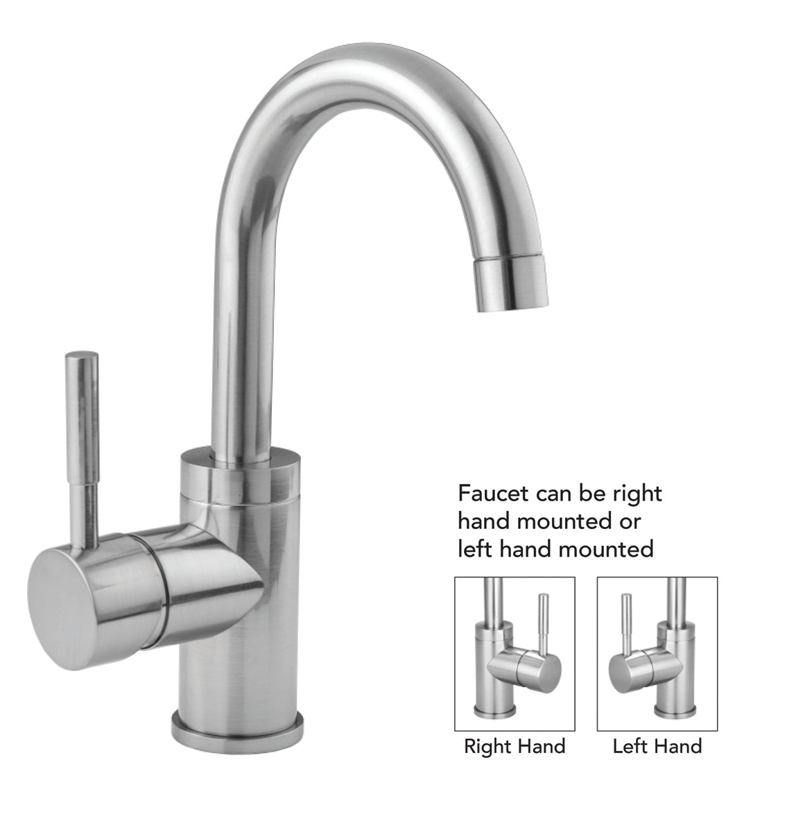 Chrome single-hole bathroom faucet with curved spout, cylindrical body, and side lever handle.