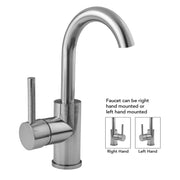 Single-hole kitchen faucet with curved spout, cylindrical body, and side lever handle in brushed metal finish.