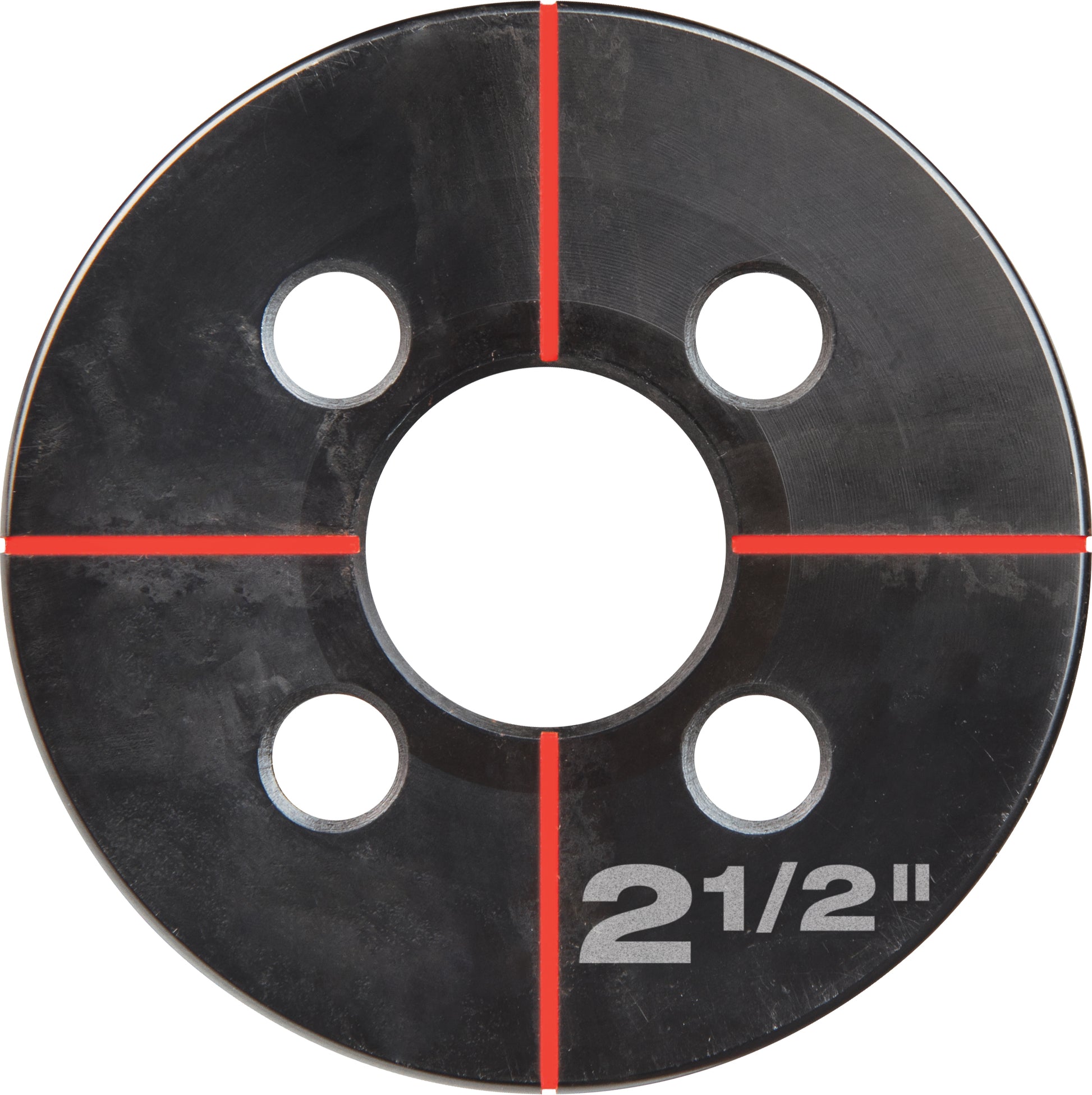 Black circular knockout tool with central hole, four outer holes, and red alignment marks indicating 2 1/2 inch size.