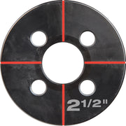Black circular die with central hole, four outer holes, and red alignment lines marking 2-1/2 inch diameter.