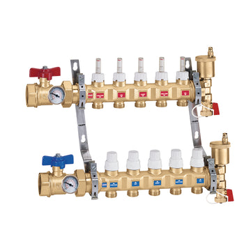 Brass radiant manifold assembly with six loops, featuring red and blue shut-off valves, pressure gauges, and stainless steel 