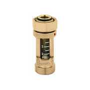 Brass flow meter with threaded connections, numbered scale visible through transparent tube window.