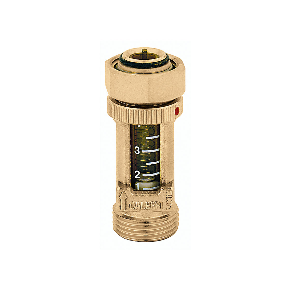 Brass flow meter with threaded connections, numbered scale visible through transparent tube window.