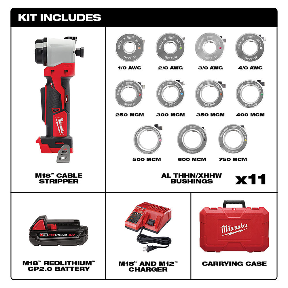 M18 cable stripper with red and black body, 11 interchangeable bushings, M18 battery, dual charger, and red carrying case.