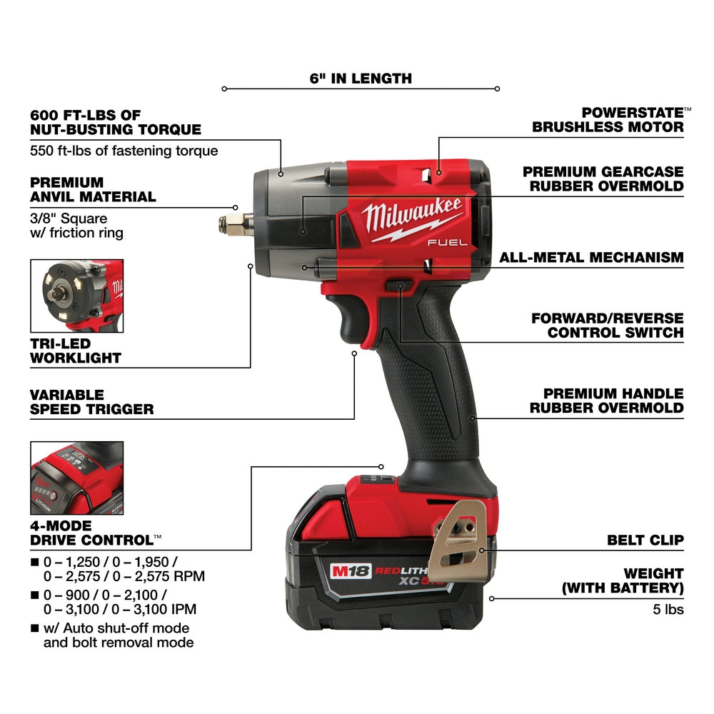Milwaukee M18 FUEL 3/8" mid-torque impact wrench with red and black body, friction ring, and attached battery pack.