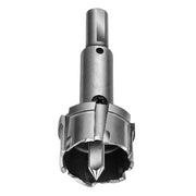 Steel hole saw cutter with cylindrical body, pointed center bit, and fluted cutting edges around the base.