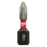 Milwaukee Shockwave Phillips #1 insert bit with gray metal tip, red band, and black hex socket on white background.