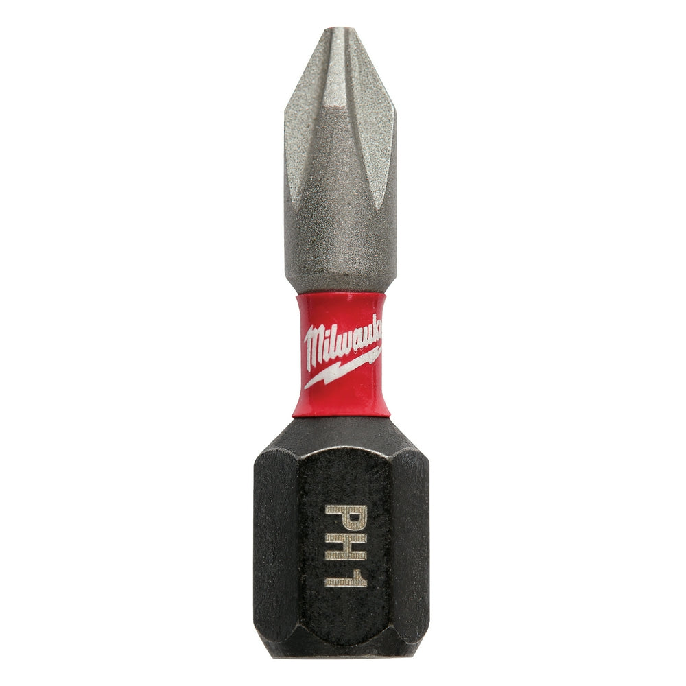 Milwaukee Shockwave Phillips #1 insert bit with gray metal tip, red band, and black hex socket on white background.