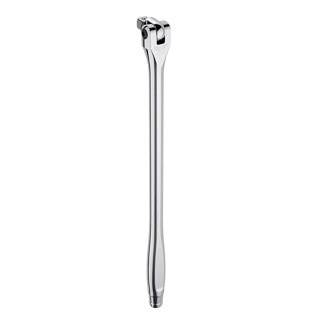 Chrome 1/2 inch drive breaker bar with square socket head and long shaft for leverage.
