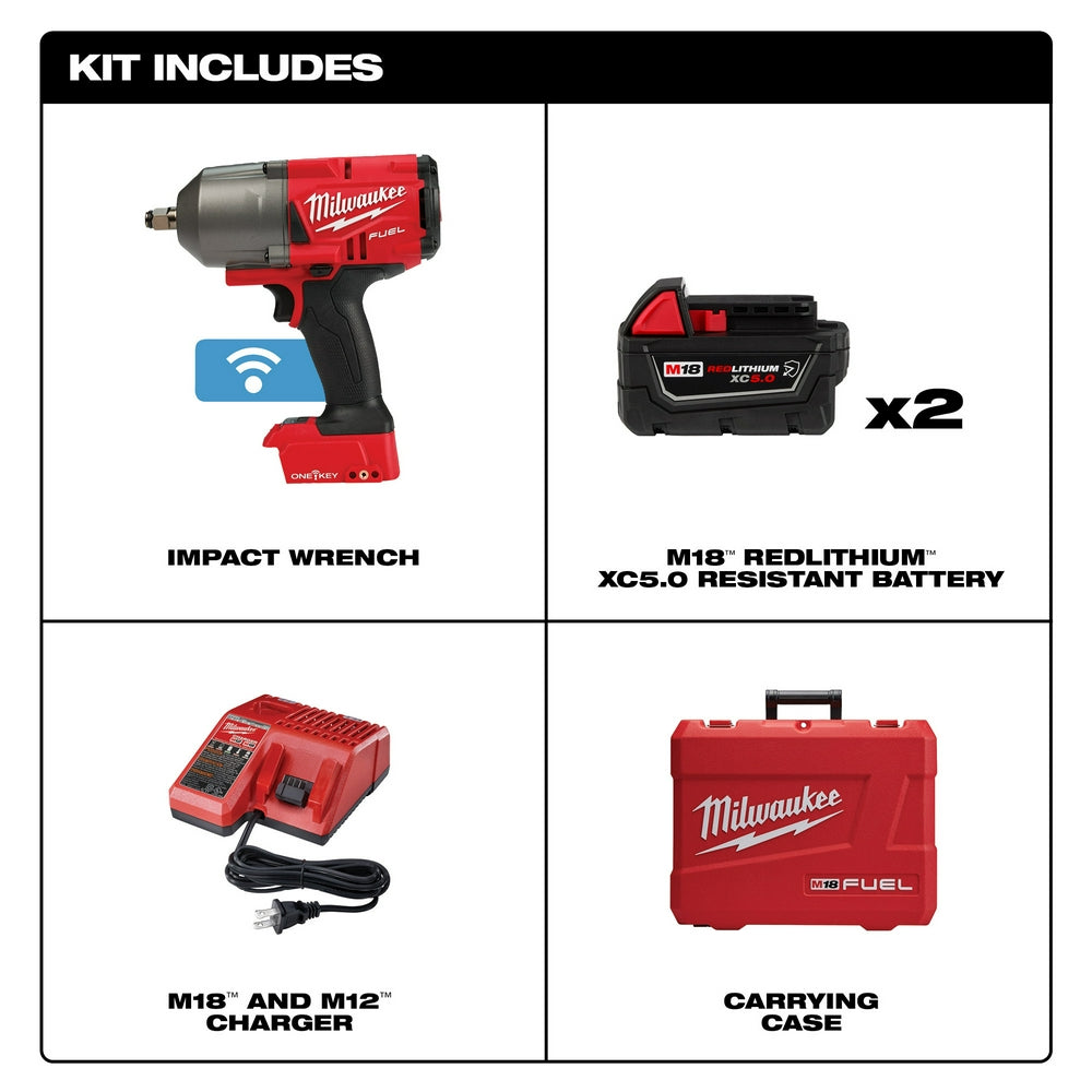 Milwaukee M18 FUEL impact wrench with two batteries, dual charger, and red carrying case contents displayed.