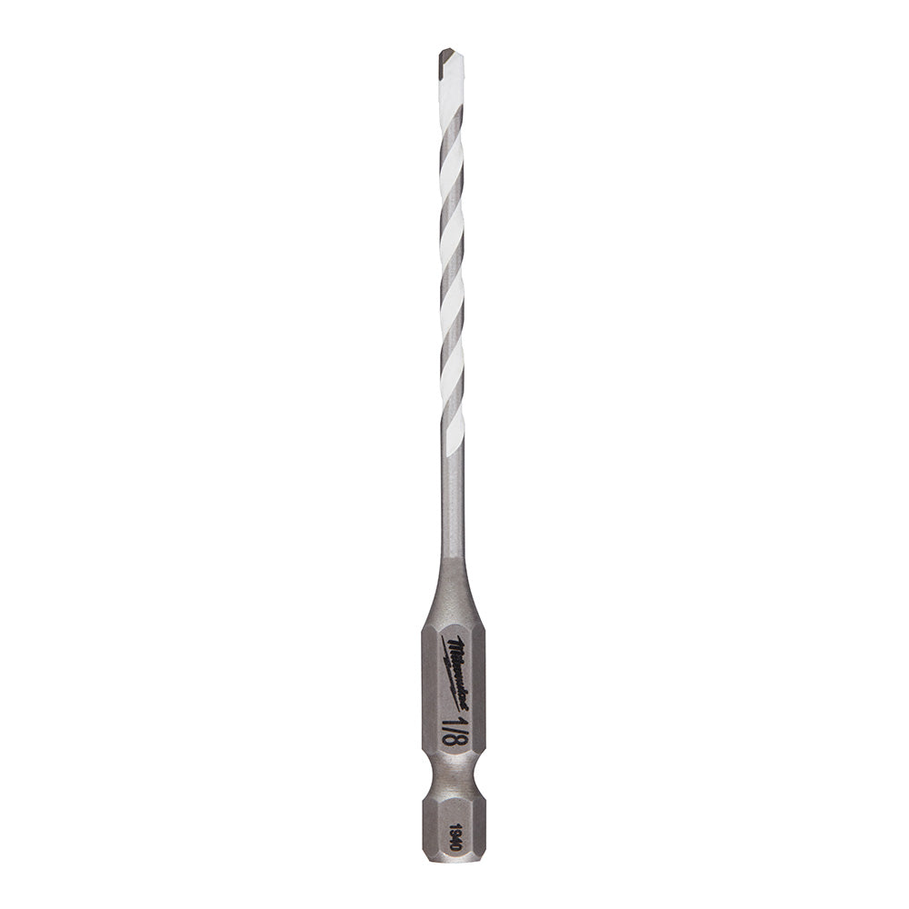 Milwaukee 1/8 inch Shockwave carbide drill bit with gray fluted shaft and hex drive end, marked with size designation.
