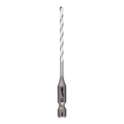 Milwaukee 1/8 inch Shockwave carbide drill bit with gray fluted shaft and hex drive end, marked with size designation.