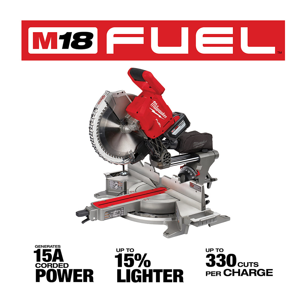 Red and gray Milwaukee M18 FUEL 12-inch dual bevel sliding compound miter saw with blade angled upward.