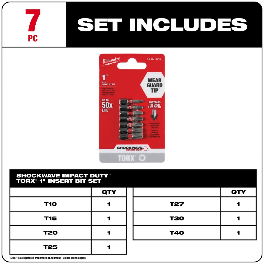 Milwaukee Shockwave 7-piece Torx impact insert bit set with T10, T15, T20, T25, T27, T30, and T40 bits on red packaging card.