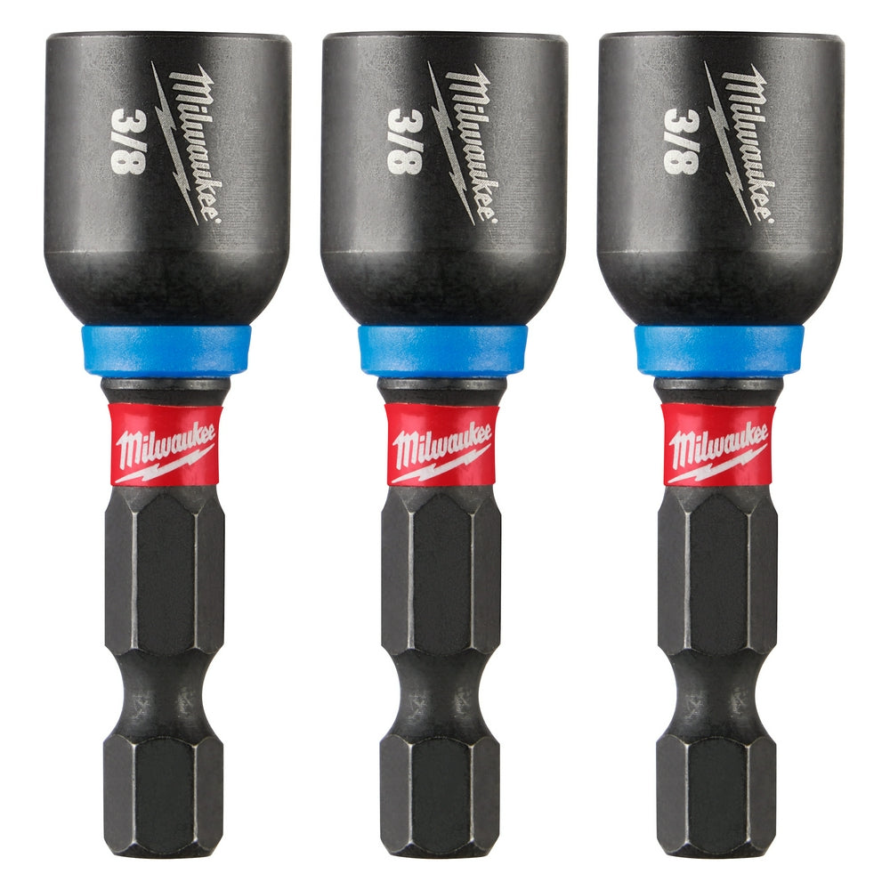 Three Milwaukee 3/8" magnetic nut drivers with black impact-duty sockets, blue collars, and red branded bands.