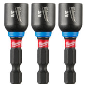 Three Milwaukee 3/8" magnetic nut drivers with black impact-duty sockets, blue collars, and red branded bands.
