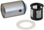 Chrome metering valve cartridge with black rubber seal, mesh strainer basket, and white gasket ring.