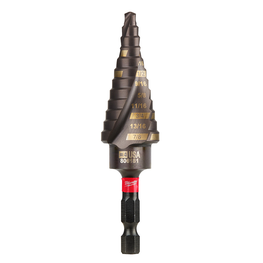 Milwaukee Shockwave step bit with black and gold stepped cone design and drill markings, red collar, and black hex drive end.