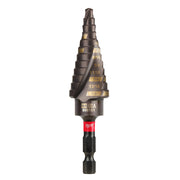 Milwaukee Shockwave step bit with black and gold stepped cone design and drill markings, red collar, and black hex drive end.