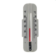 White push-fit thermometer with dual temperature scales in Fahrenheit and Celsius, featuring red liquid indicator.