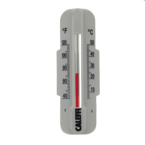 White push-fit thermometer with dual temperature scales in Fahrenheit and Celsius, featuring red liquid indicator.