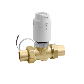 Brass zone valve with white cylindrical actuator head, twist top control, and two press-fit connections with electrical cord.