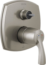 Lumicoat chrome shower diverter trim with dual handles and temperature indicator dots on square plate.
