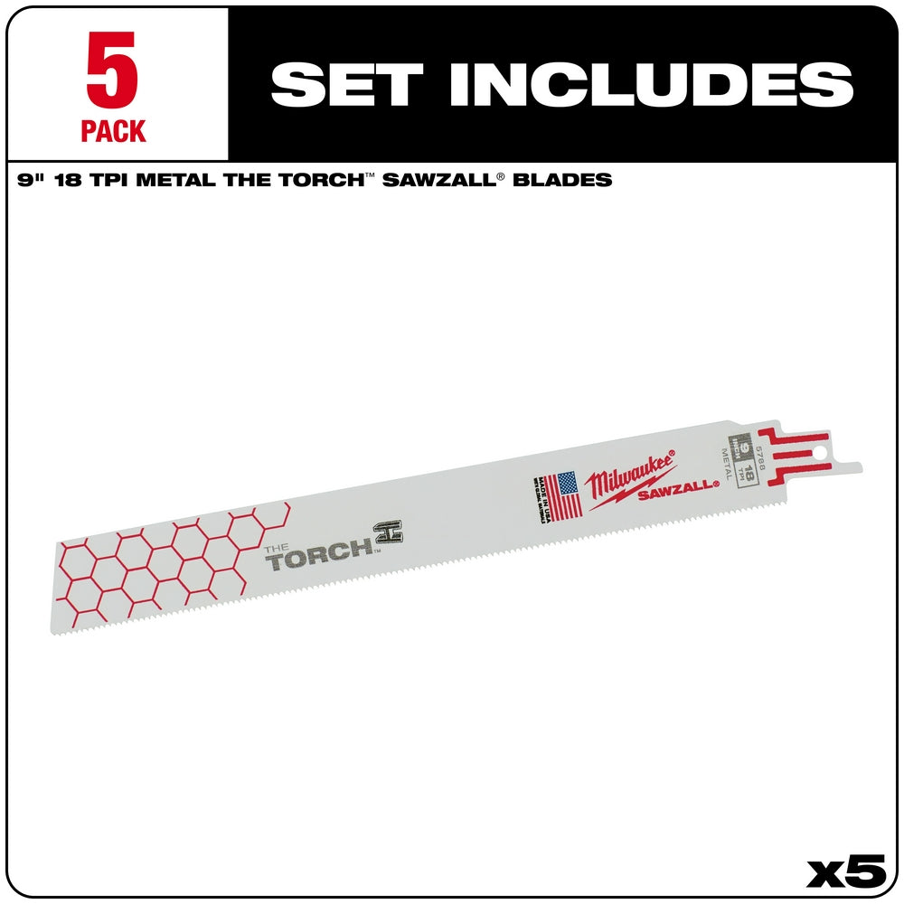 Five Milwaukee 9-inch The Torch Sawzall blades with 18 TPI metal-cutting teeth and red/white hexagonal pattern design.